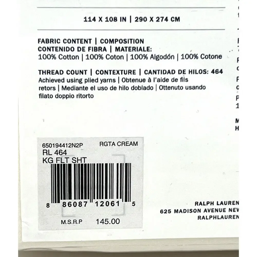 Ralph Lauren RL 464 Thread Count KING Flat Sheet Regatta Cream Cotton Percale